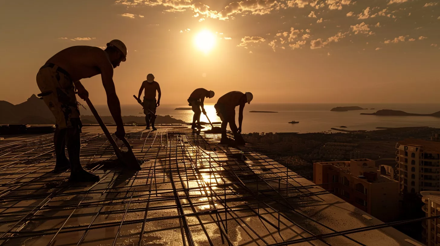 Pouring concrete screed on the roof of a luxury villa overlooking the sea Pouring concrete screed on the roof of a luxury villa overlooking the sea